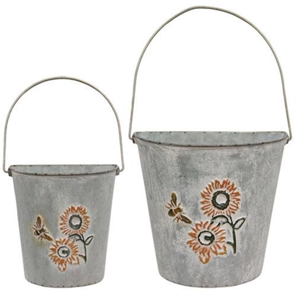 *2/Set Washed Metal Sunflower & Bee Wall Buckets