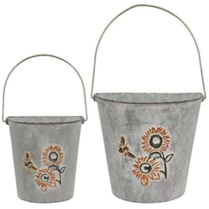 *2/Set Washed Metal Sunflower & Bee Wall Buckets