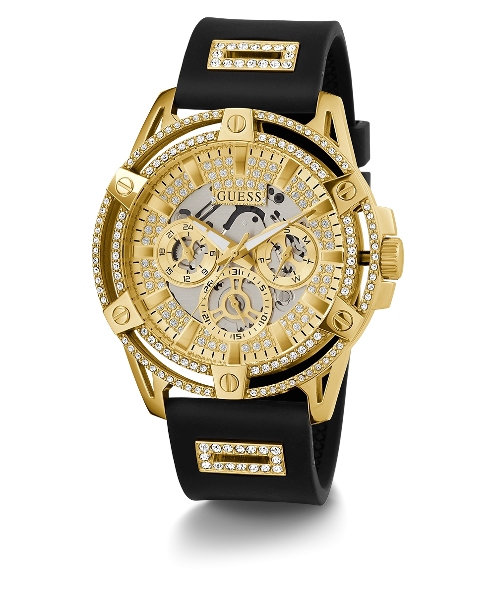 GUESS Mens Black Gold Tone Multi-function Watch