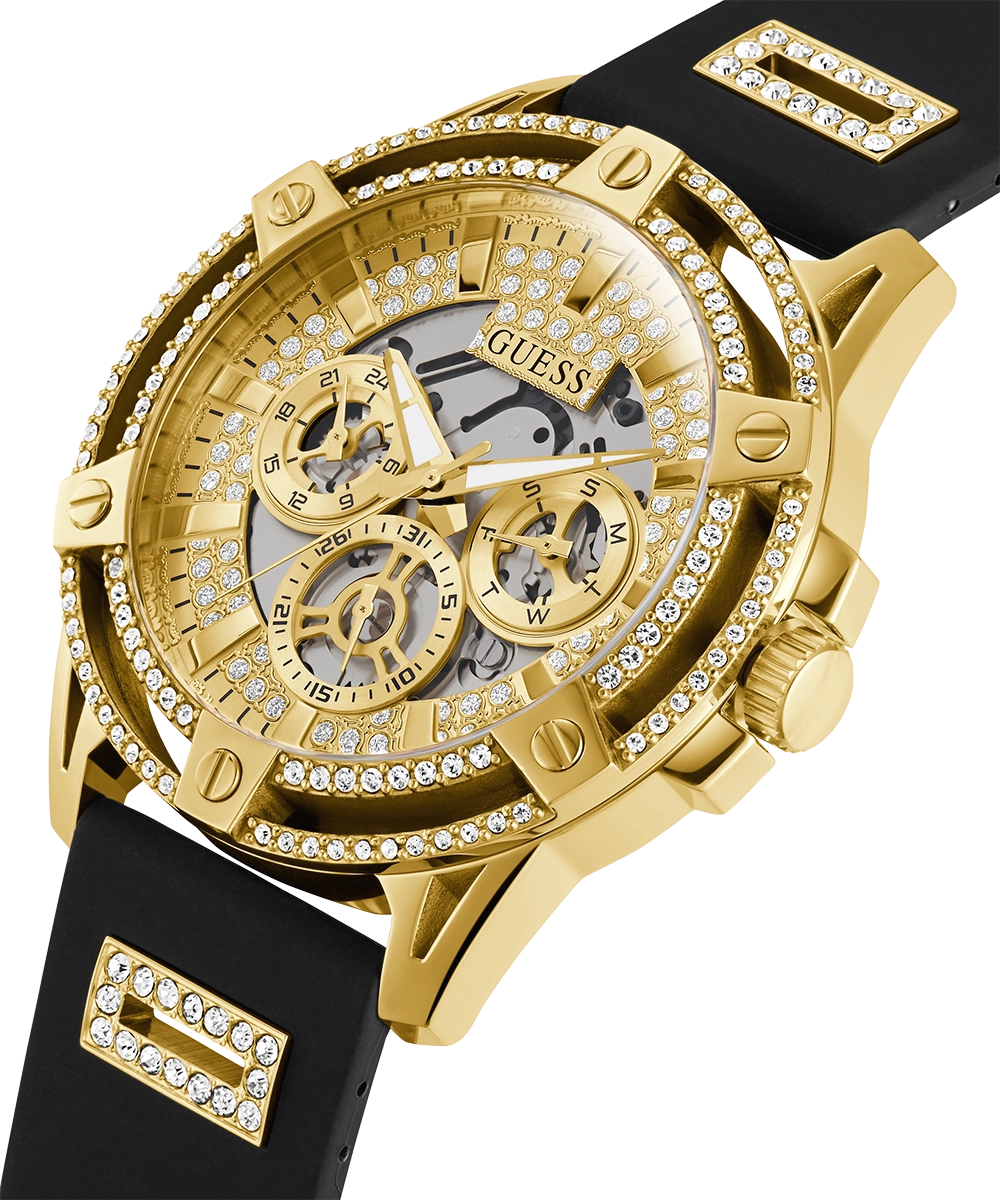 GUESS Mens Black Gold Tone Multi-function Watch