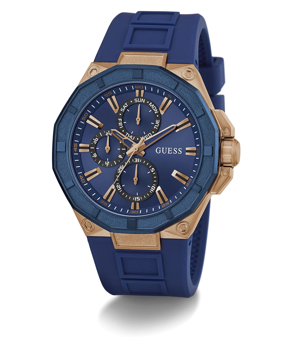 GUESS Mens Blue Rose Gold Tone Multi-function Watch