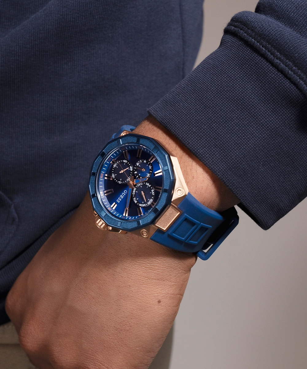 GUESS Mens Blue Rose Gold Tone Multi-function Watch