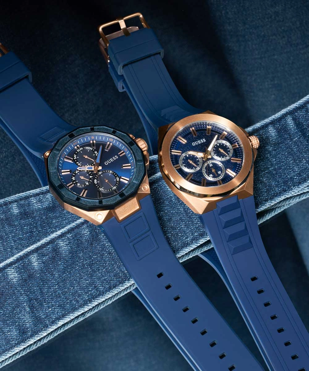GUESS Mens Blue Rose Gold Tone Multi-function Watch