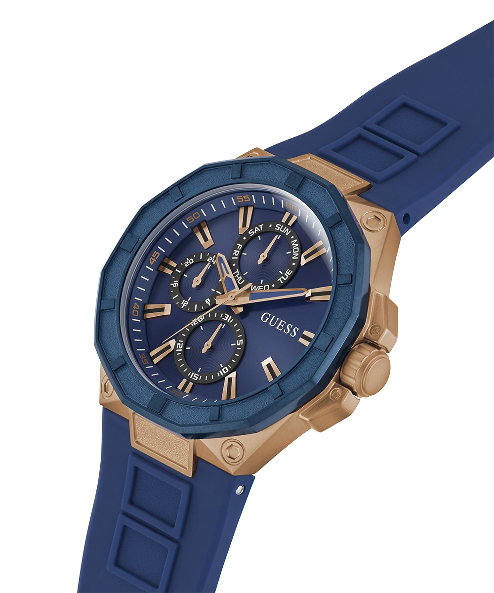 GUESS Mens Blue Rose Gold Tone Multi-function Watch