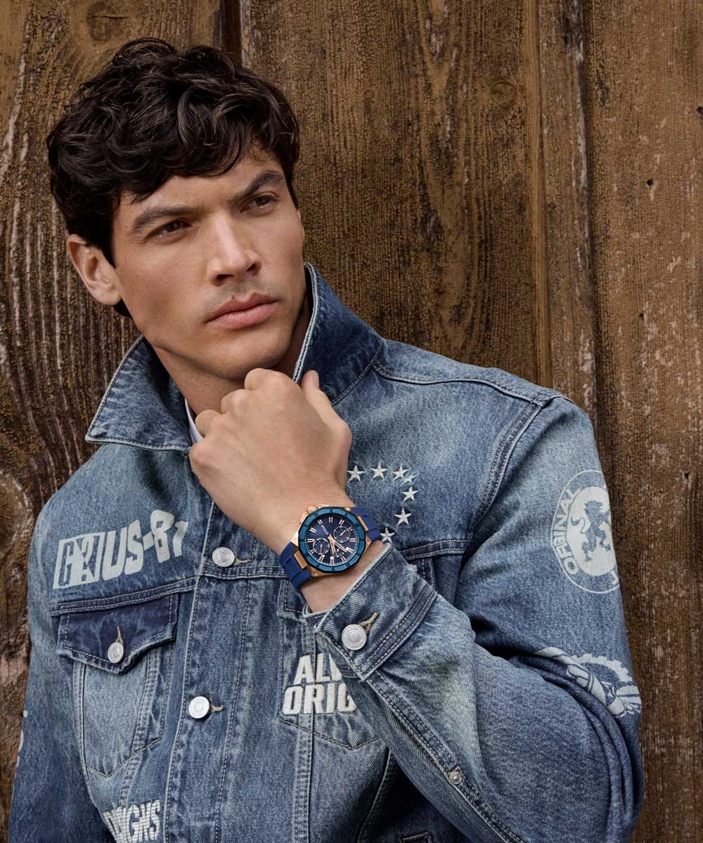 GUESS Mens Blue Rose Gold Tone Multi-function Watch