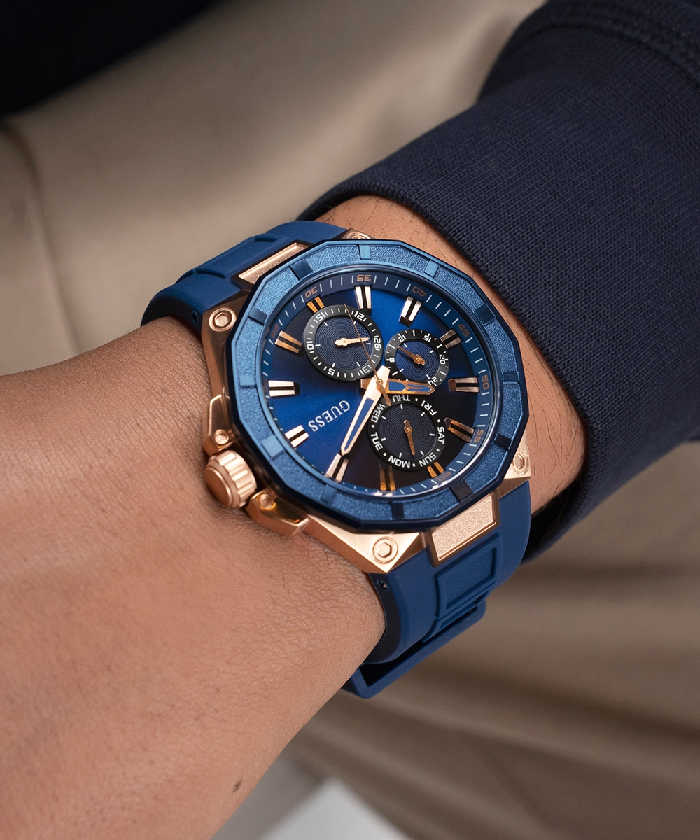 GUESS Mens Blue Rose Gold Tone Multi-function Watch