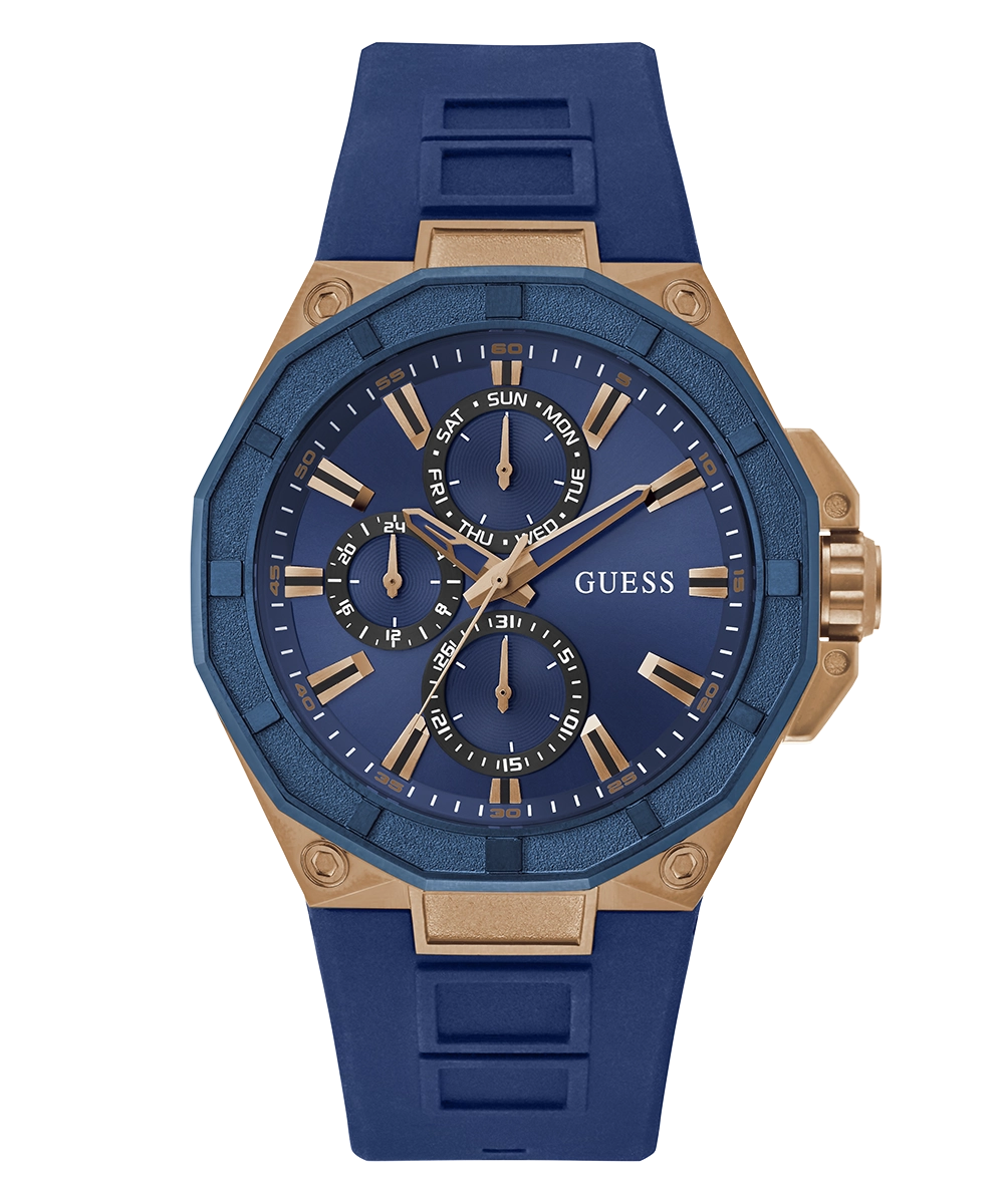 GUESS Mens Blue Rose Gold Tone Multi-function Watch