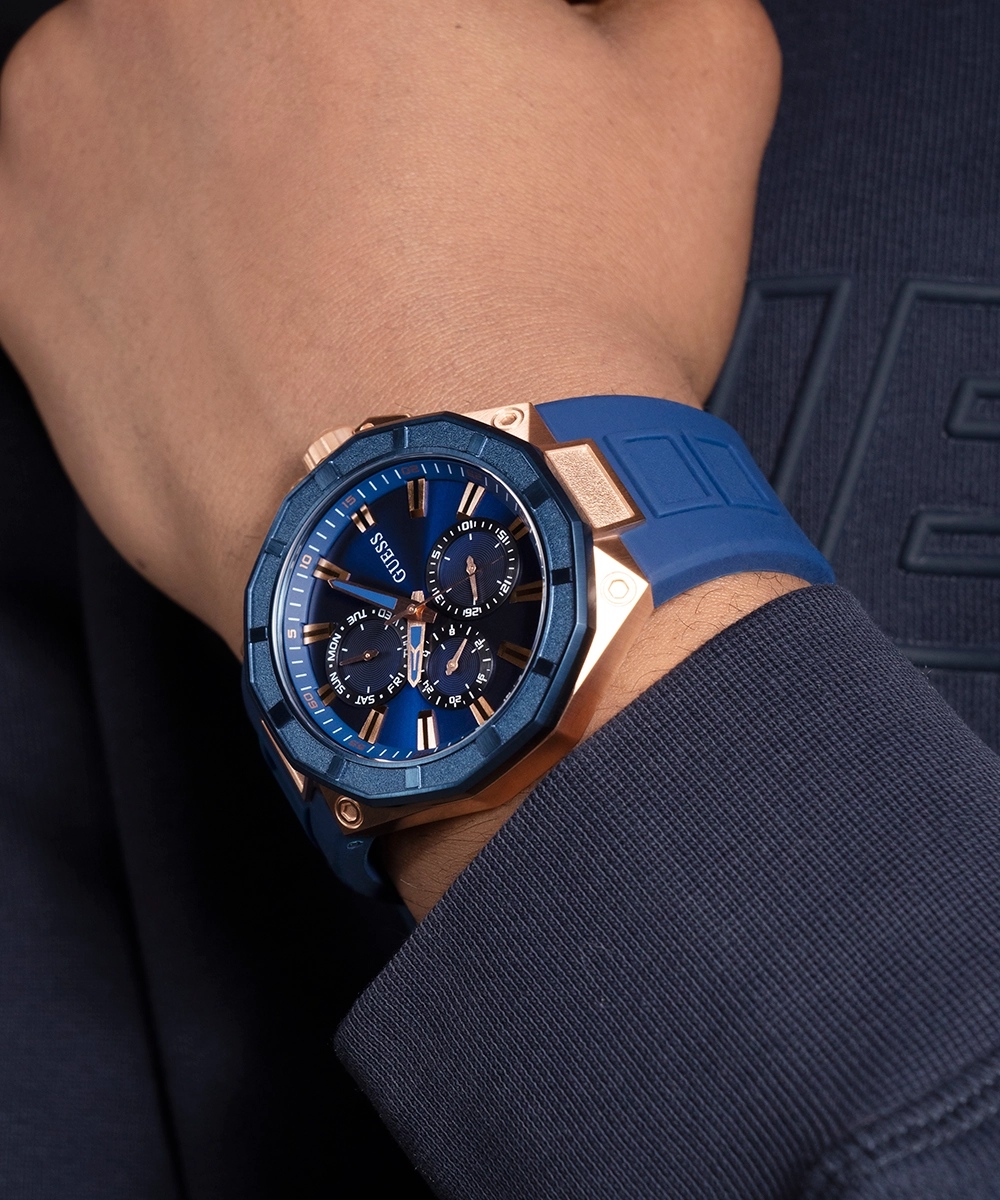 GUESS Mens Blue Rose Gold Tone Multi-function Watch