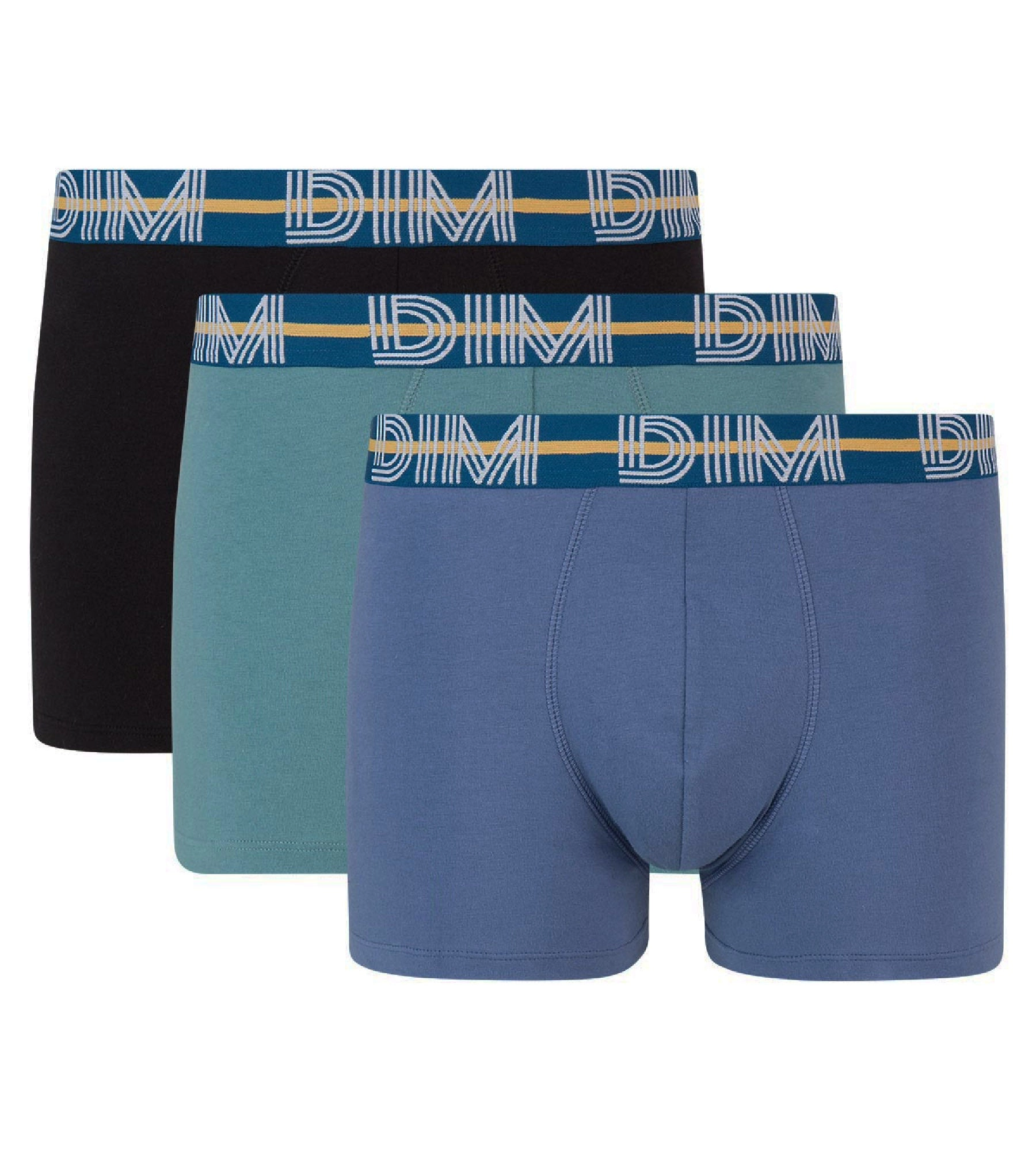 Lot de 3 boxers bleu noir coton stretch ceinture colorée Dim Powerful