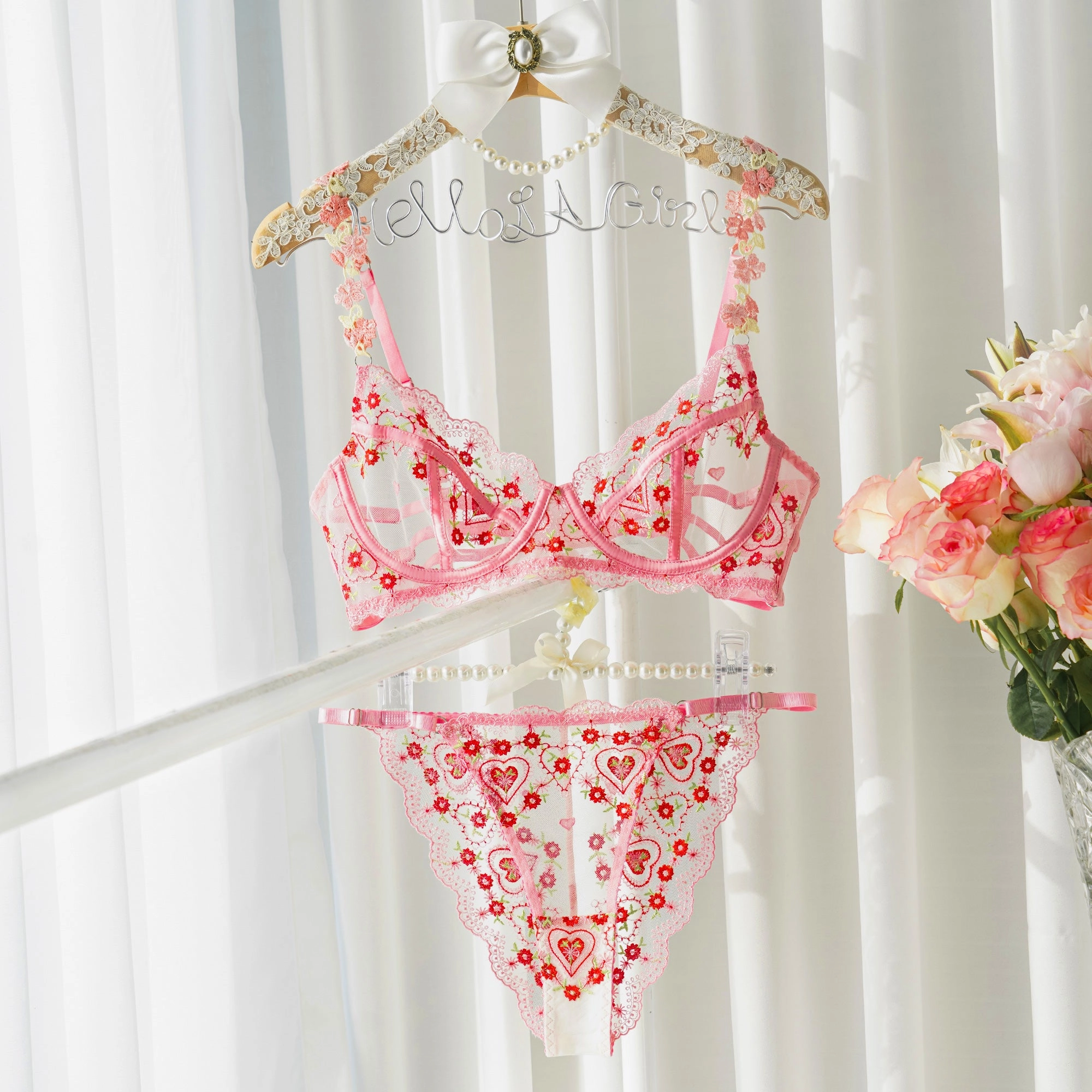 Pink Cute Sweetheart Lace Embroidery Thong
