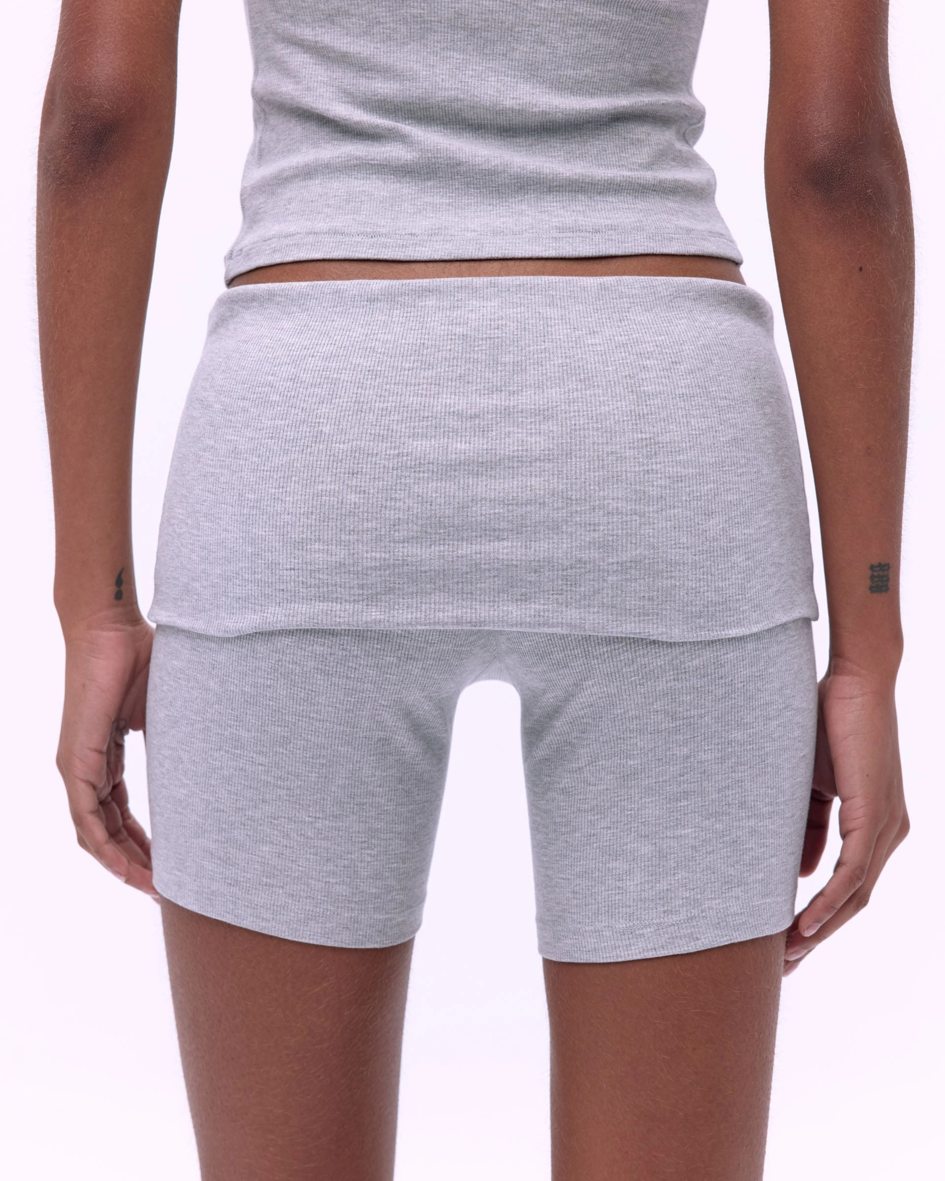 Rib Fold Over Crop Shorts - Grey Melange