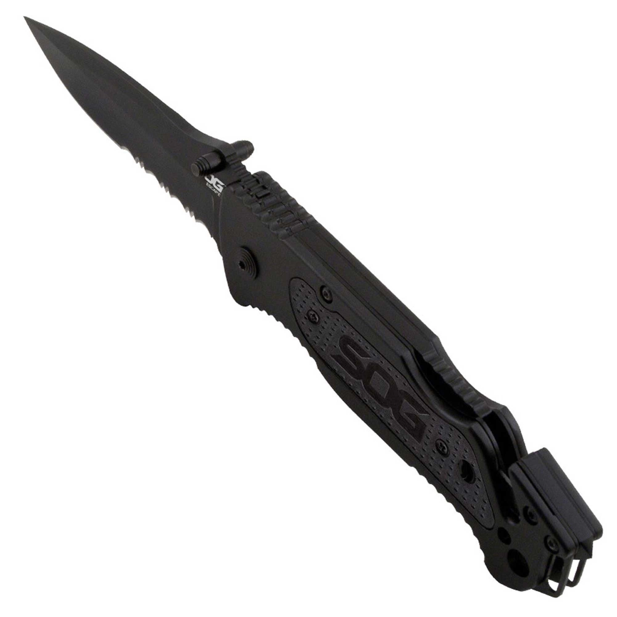 SOG Folding Knife - Escape Black Partially Serrated Clip Point Steel Blade | FF25-CP