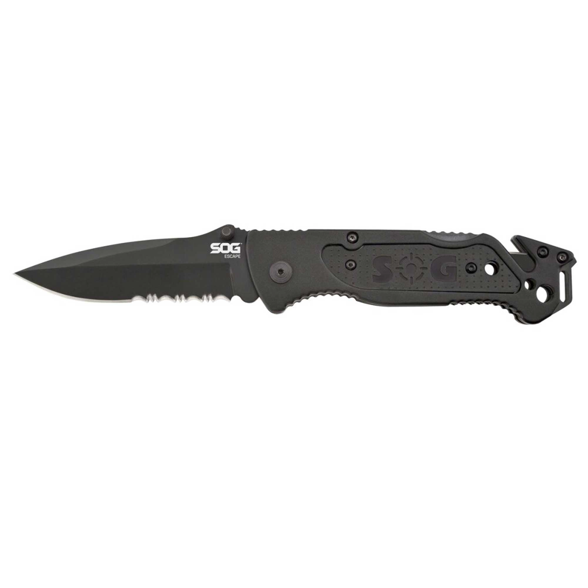 SOG Folding Knife - Escape Black Partially Serrated Clip Point Steel Blade | FF25-CP
