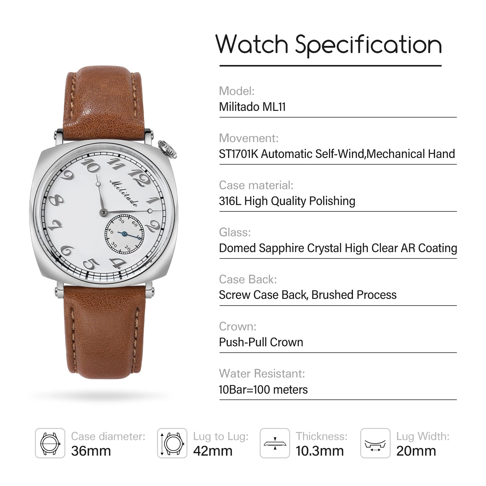★WeeklyDeals★Militado 1921 36mm ST1701 Mechanical Watch