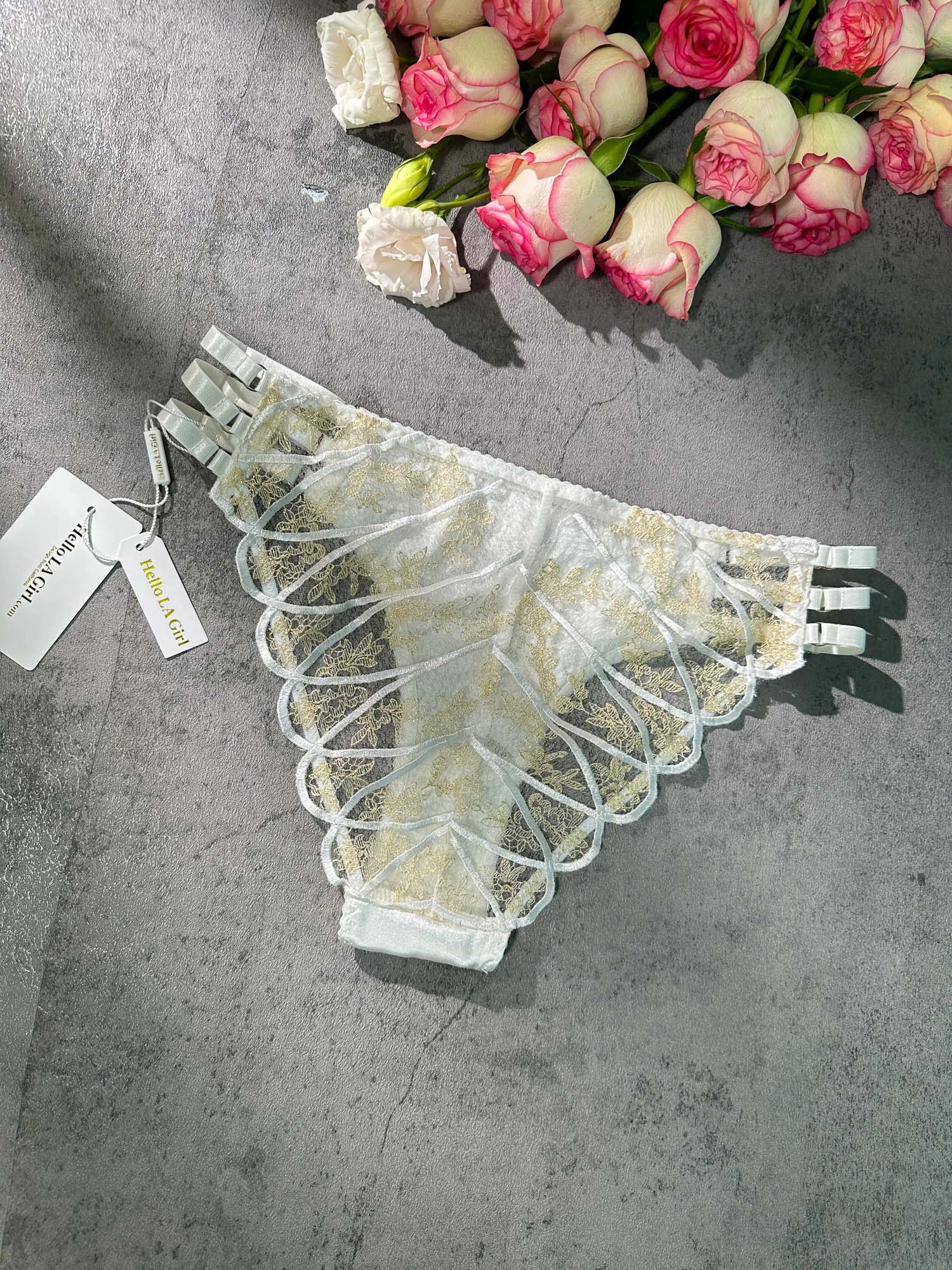 White&Gold  Embroidery Thong